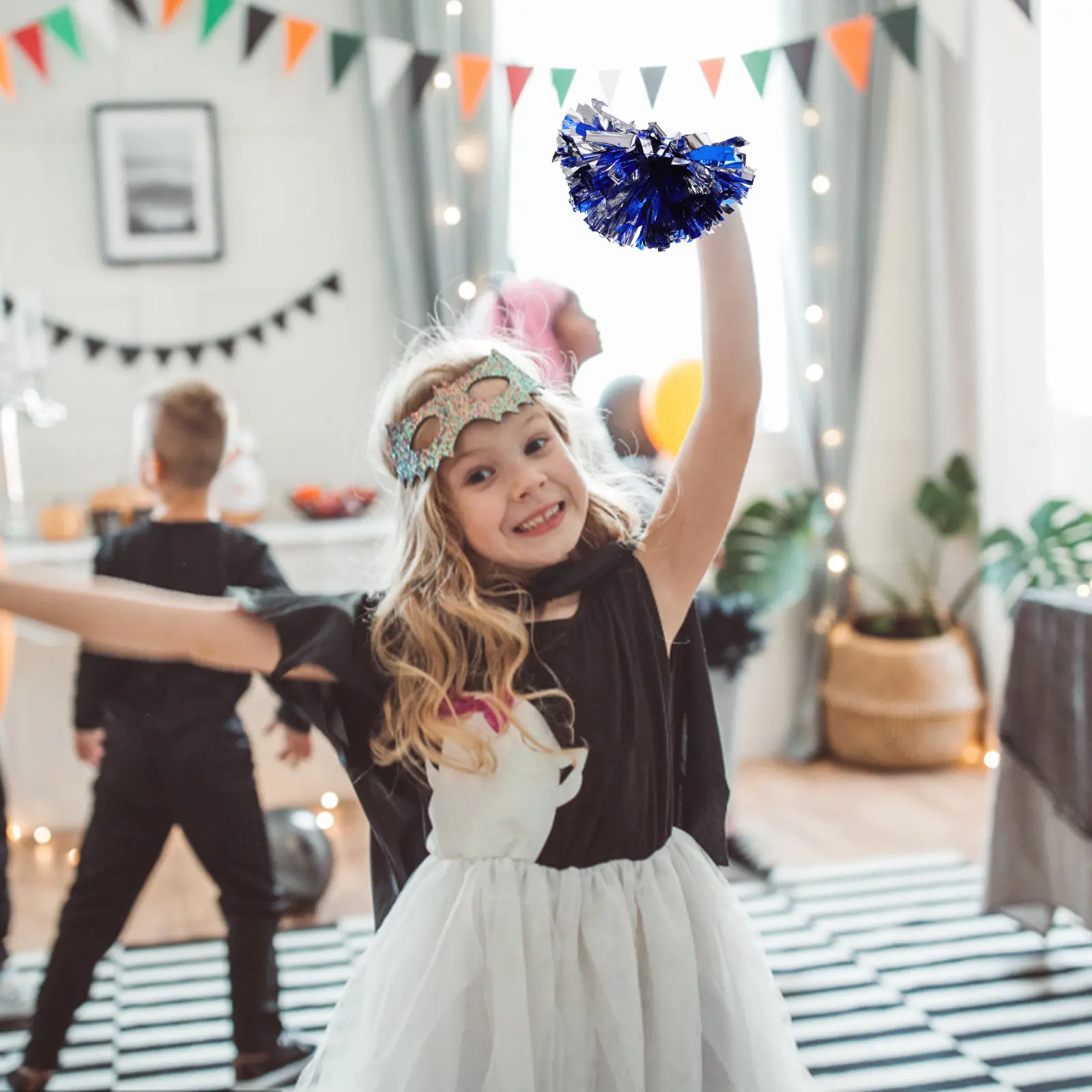 Cheerleader Pom Blue Silver Metallic Foil Professional Soft Comfortable Sports Dance Cheering Accessories Cheer Pom Poms Bulk