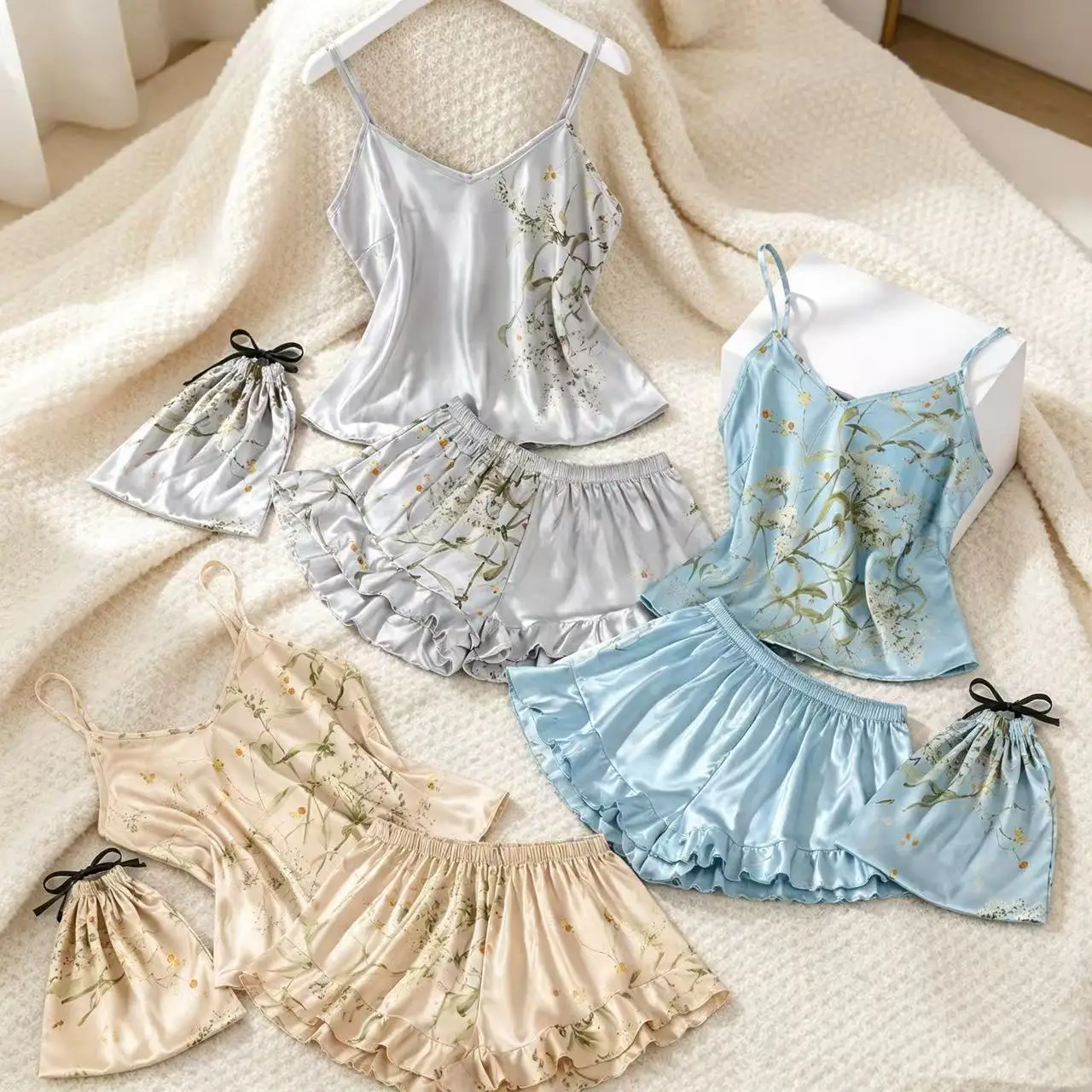 

Summer outfits for women three-piece pajamas pajamas four-season loungewear suit, thin outfits shortdress for women summer