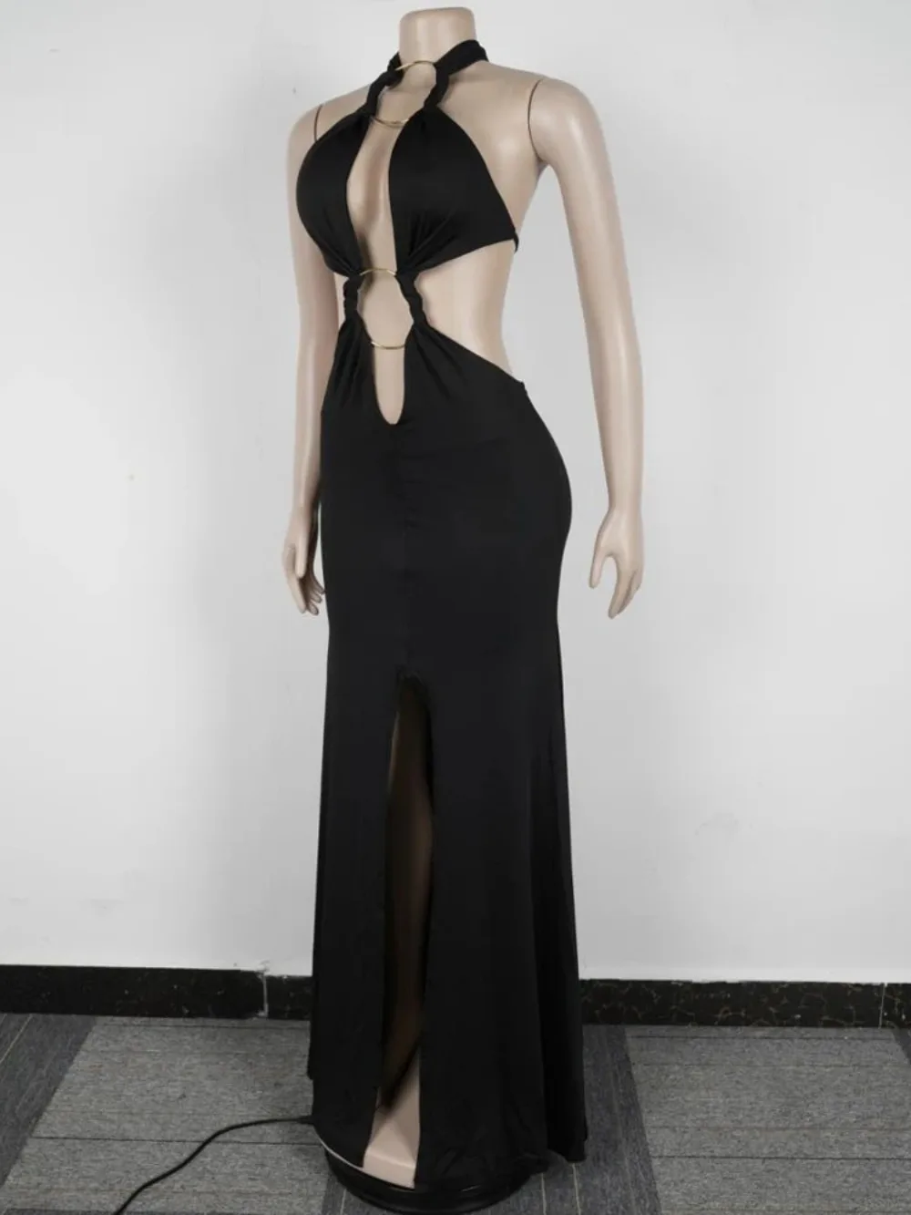 Sexy Cut-Out O-Rings Metal Ruched Maxi Dress Holiday Outfits Womens Lace-Up Bandage Party Dresses Night Out Vestidos