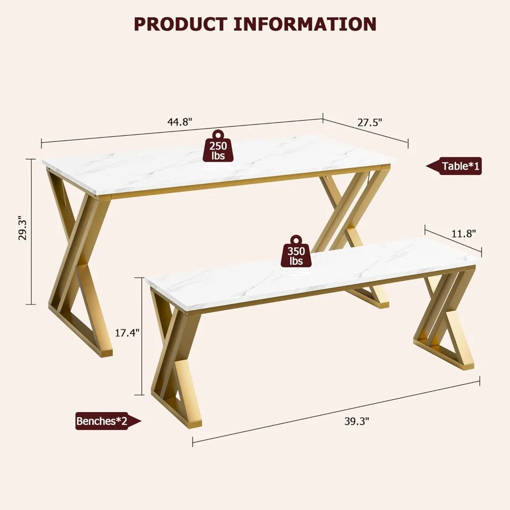 Conjunto de jantar de 4 lugares com mesa retangular e dois bancos, com tampo de mármore falso