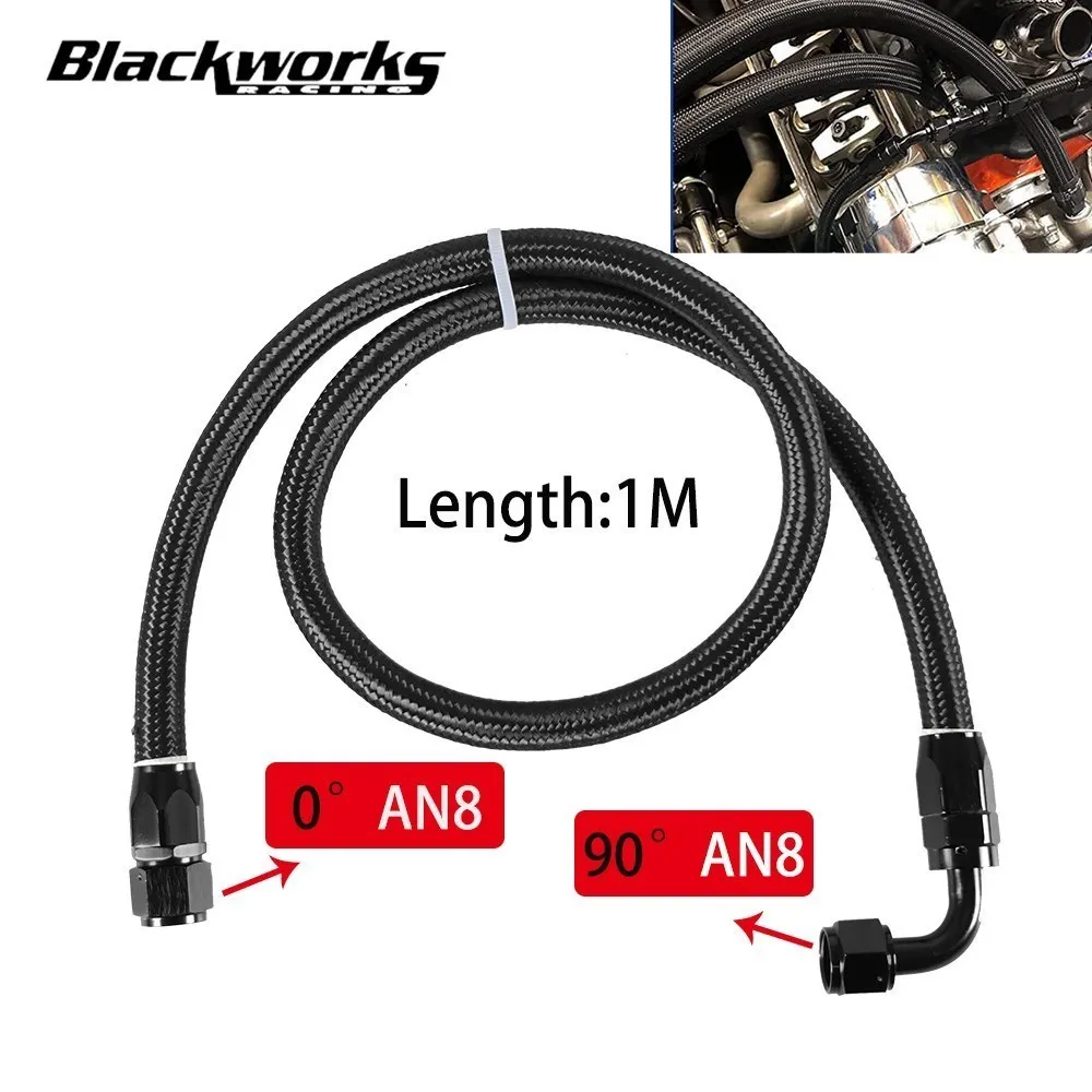 1M AN8 8AN Black Braided Oil Fuel Fittings Hose End 0+90 Degree Oil Adaptor Kit Oil Fuel Hose Line