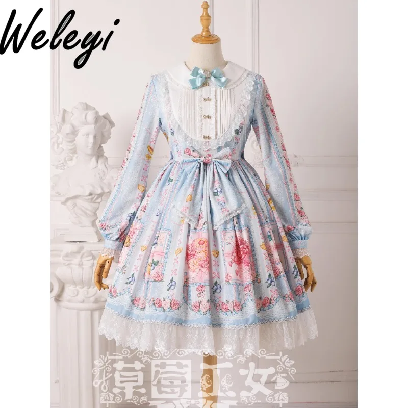 

Princess Lolita Long Sleeve Dress for Women Spring and Autumn Original Sweet Girl Blueberry Color Doll Collar Midi Dresses Robe