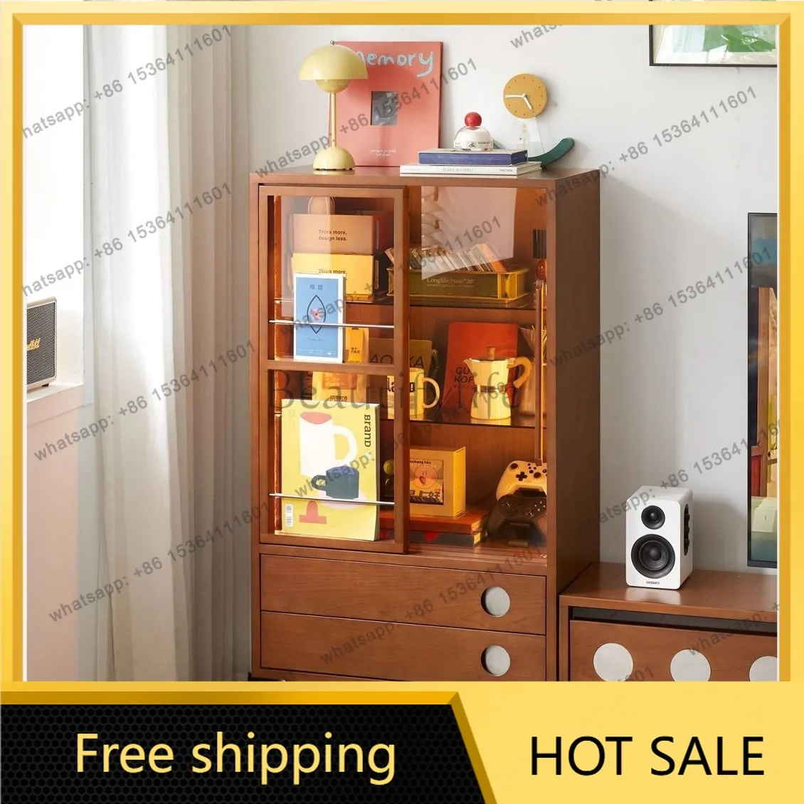 LS Nordic solid wood bookcase retro living room storage medieval home wall integrated storage display cabinet