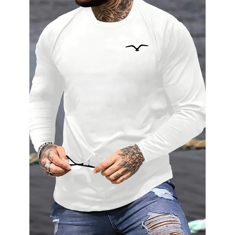 Men's Small Seagull Bird Print Long Sleeve T-Shirt Crew Neck Soft Slim Fit Casual Top for Outdoor