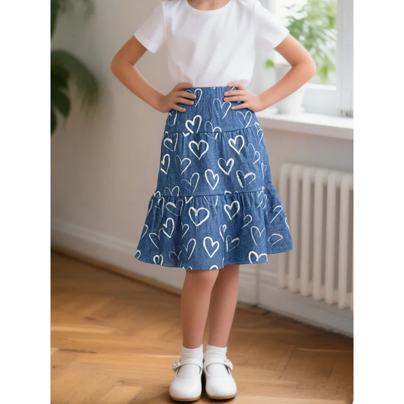 2025 Girls' Blue Simulated Denim Love Heart Half Skirt - Fashionable and All-Matching