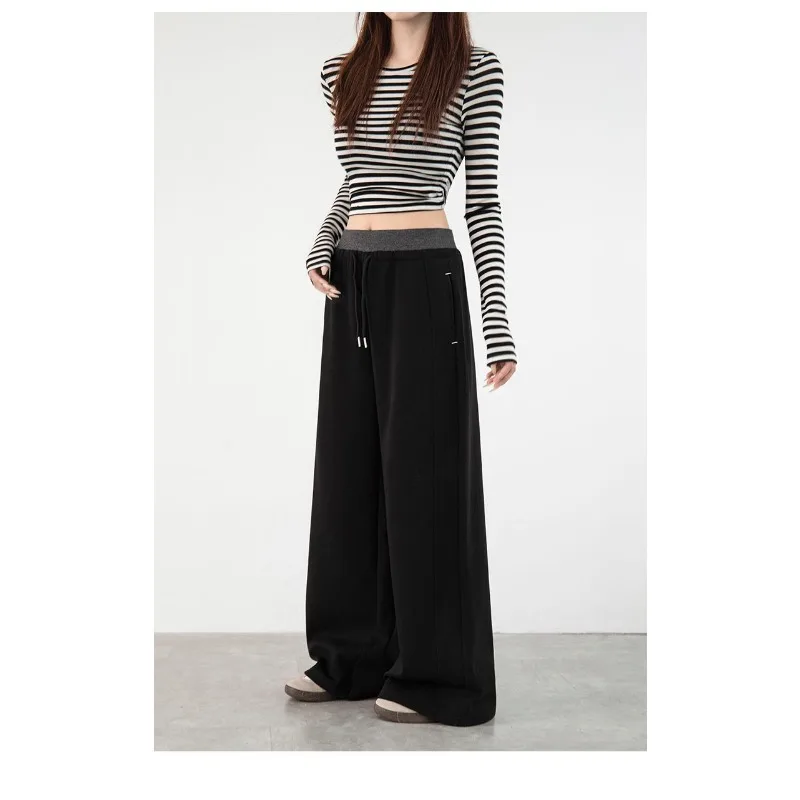 بنطال رياضي بحزام خصر مضلع أمريكي لخريف وشتاء 2025 سروال نسائي جديد عالي الخصر كسول غير رسمي واسع الساق