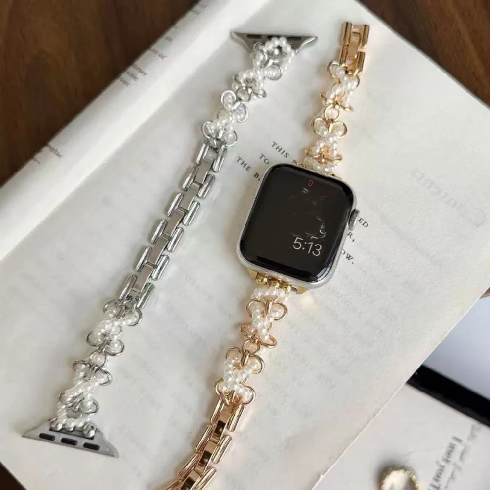 Correa de acero inoxidable para mujer para Apple Watch Ultra 2/1 49mm 10 9 8 7 42mm 46 44 45mm correa de perlas para IWatch 6 5 4 SE 38 40 41mm