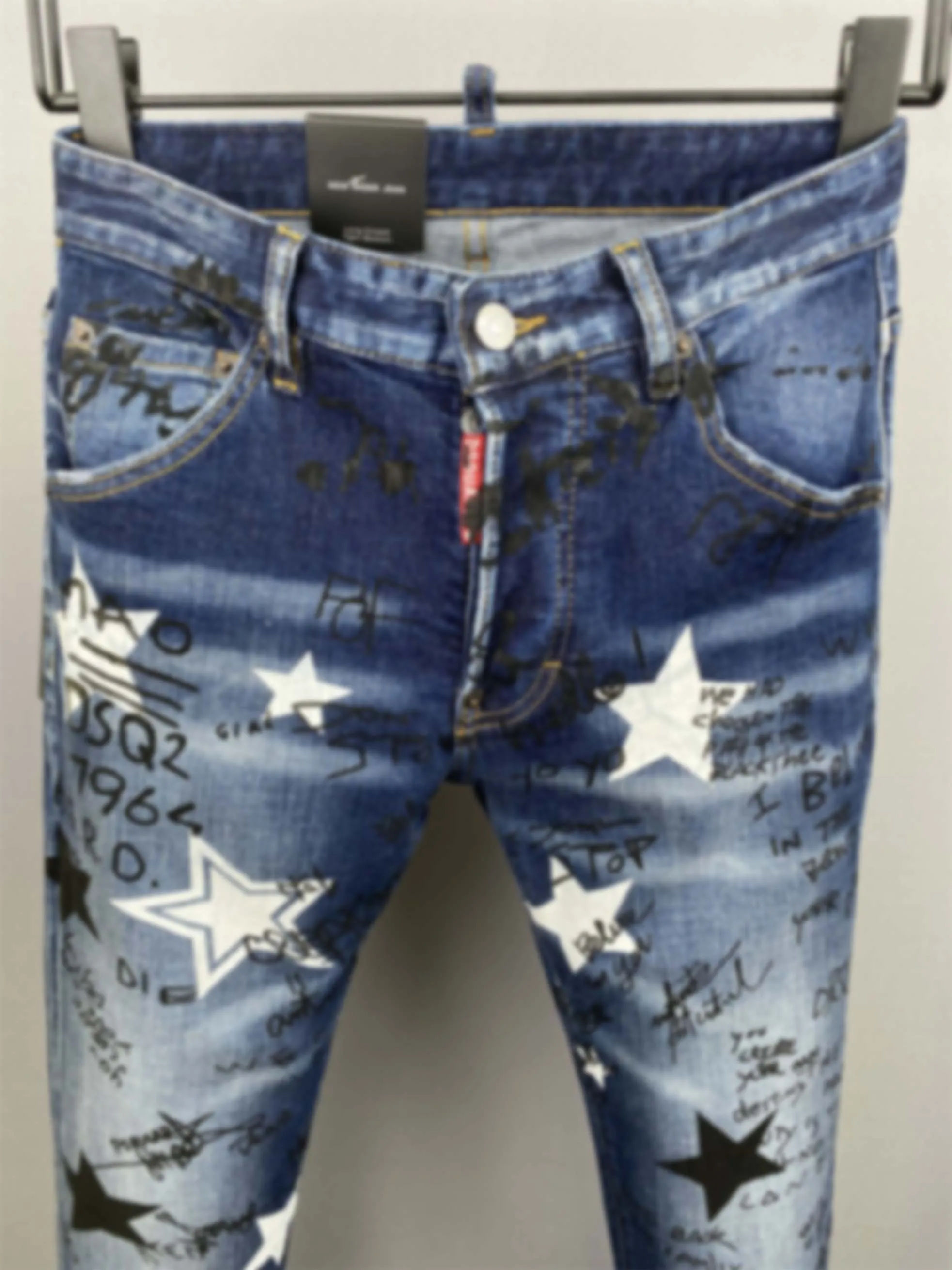 2024 New D2 Jeans Men's Washed, Worn Out, Micro Elastic Paint, Speckled Ink, Trendy Brand, Slim Fit, Small Feet, Black