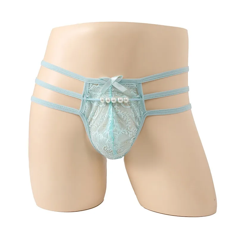 سيسي الحقيبة الملابس الداخلية سراويل الرجال اللؤلؤ Bowknot سراويل داخلية نسائية من الدانتيل المثيرة انظر من خلال ثونغ الجنس شقي مثلي الجنس Fetis المثيرة الملابس الداخلية