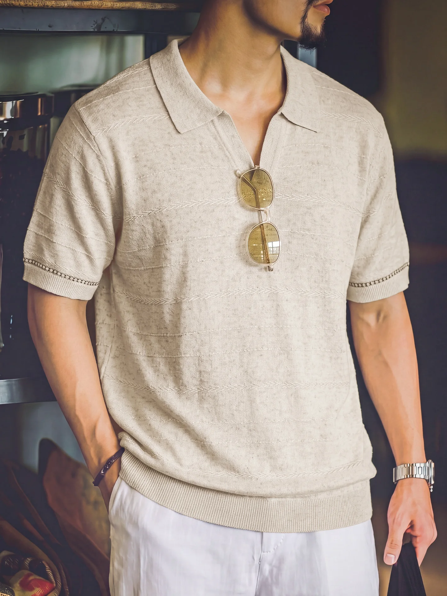 Cool Sensation  Linen Blend Sea Eagle Collar  Shirt Men Summer Thin Breathable Retro Knitted Short Sleeve Casual Wear