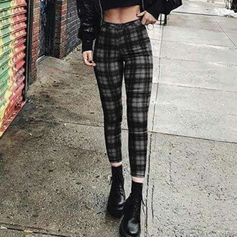 Fashion New Women Pants Stretchy Trousers Casual Women Check Womens Jeggings Leggings Pencil Pants Plaid Print