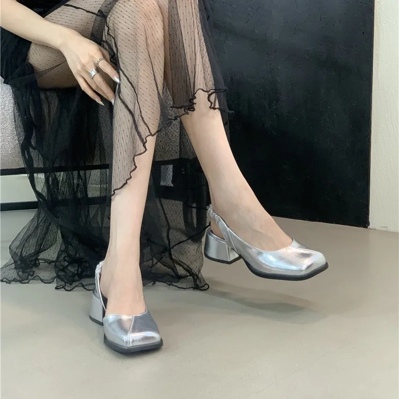 2024 Sandals Comfort Shoes for Women Clear Heels Med Suit Female Beige New Silver Low Medium Summer Block Closed Black Girls Fas