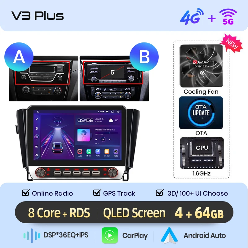 Junsun 13.1″ QLED draadloze CarPlay Android Auto autoradio voor Nissan Qashqai J11 X-Trail T32 2013-2017 Intelligente systemen DSP