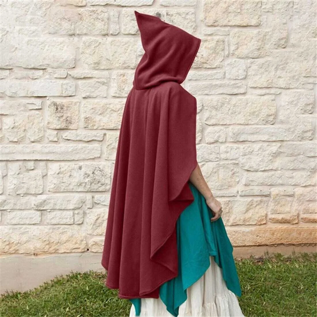 Medieval Lady's Hooded Belted Cloak loween Witch  Woolen Pointed Hat Poncho Role Costume Robe Women's Faion