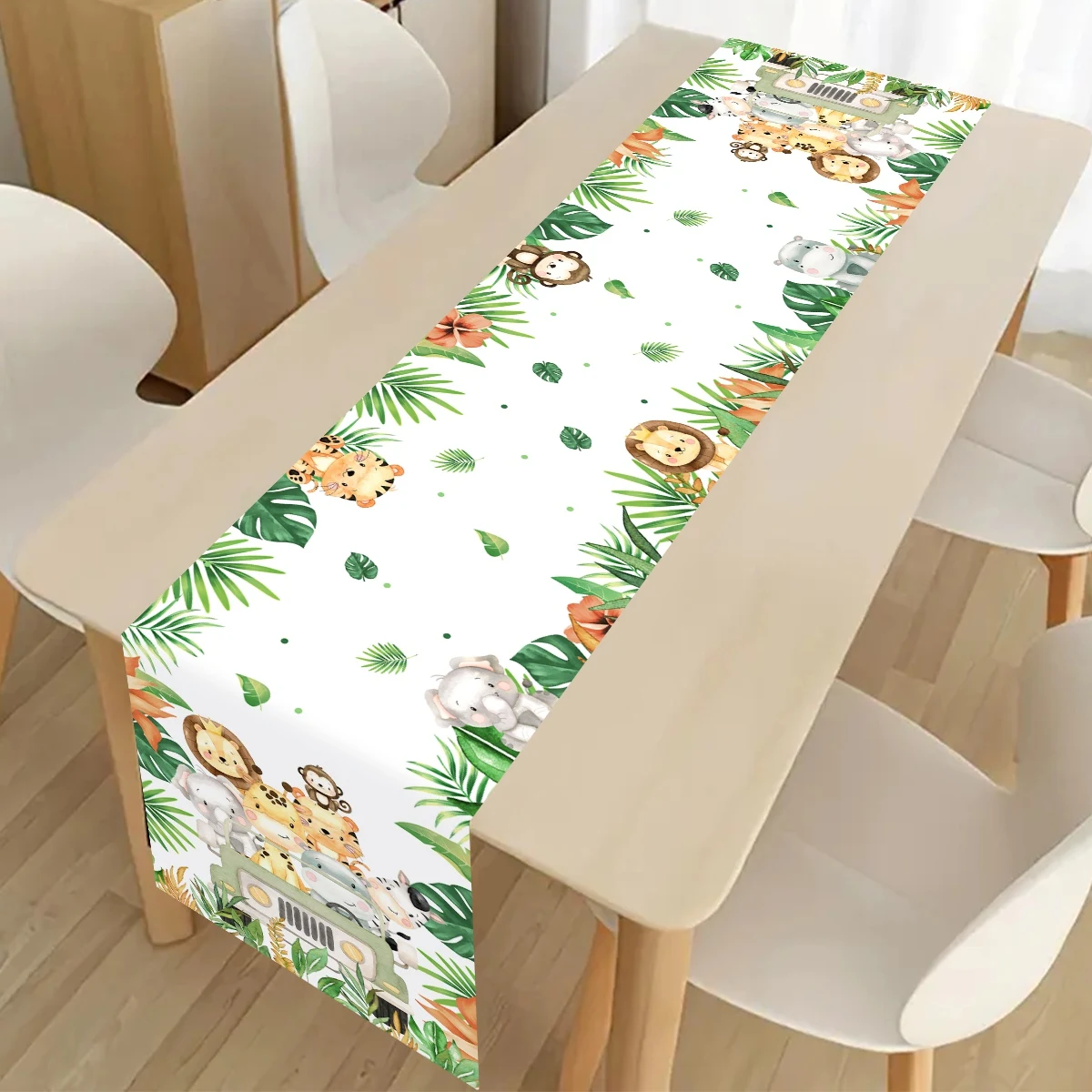 180*35cm Driving Animals Polyester Table Runner, Jungle Safari Birthday Party Table Flag For Wild One Birthday Party Decoration