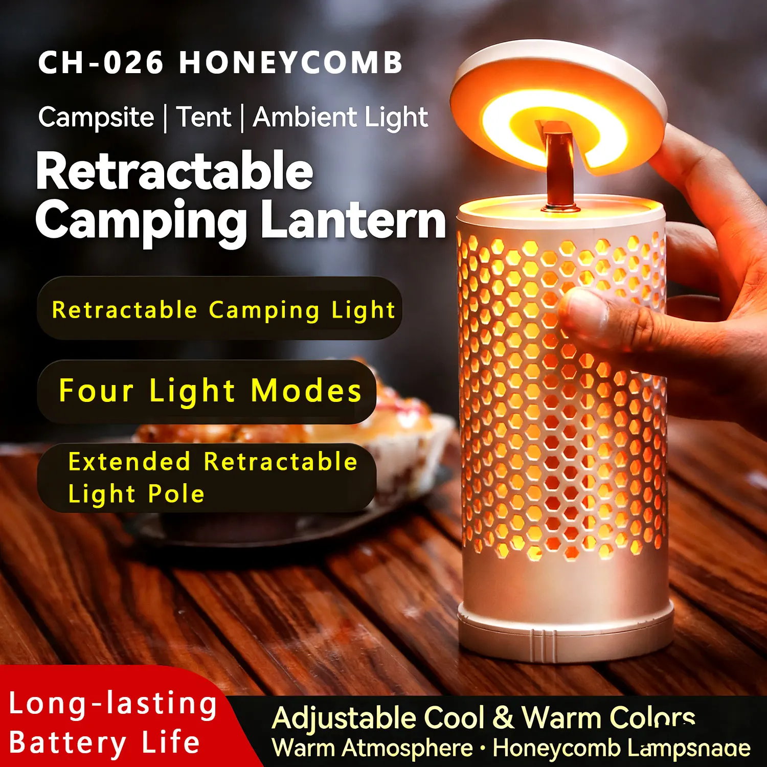 Multi-functional Camping Lanter Rechargeable 28 High-Brightness LED Lantern Telescoping Dual Color Light 180°Rotatable With Hook