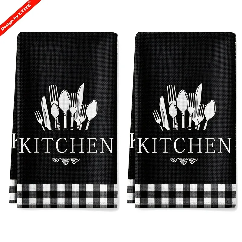 Super Soft Super Absorbent Microfiber Fun Kitchen Dish Towel Two Pack - Spoon and Fork Pattern Design