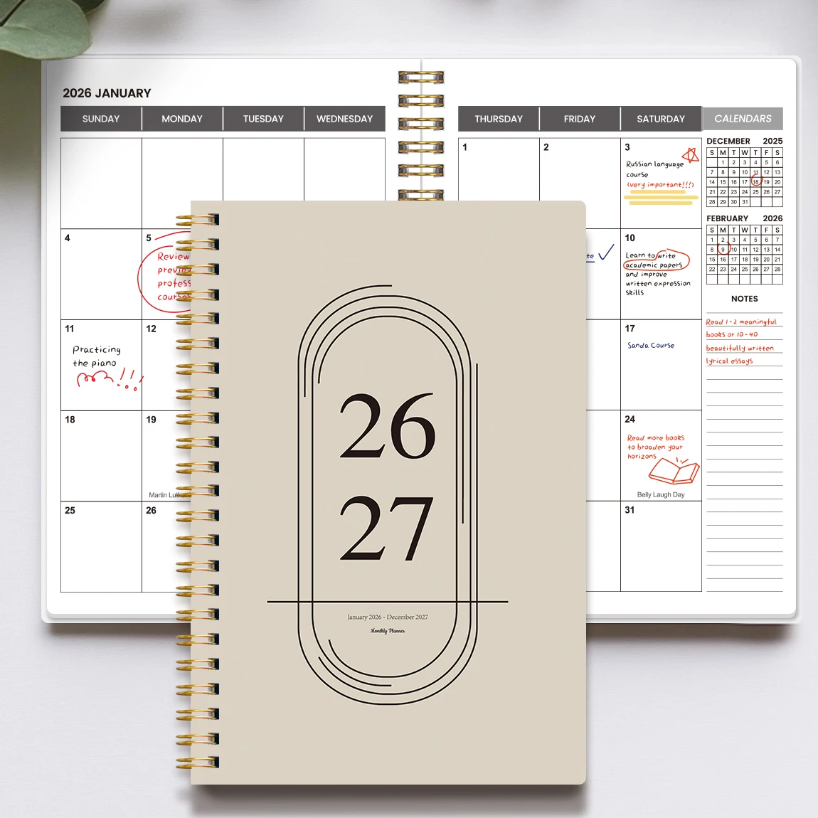 2026-2027 Planificador mensual A5 encuadernado en espiral cubierta beige mínima Cuaderno calendario de 24 meses para el trabajo y el estudio