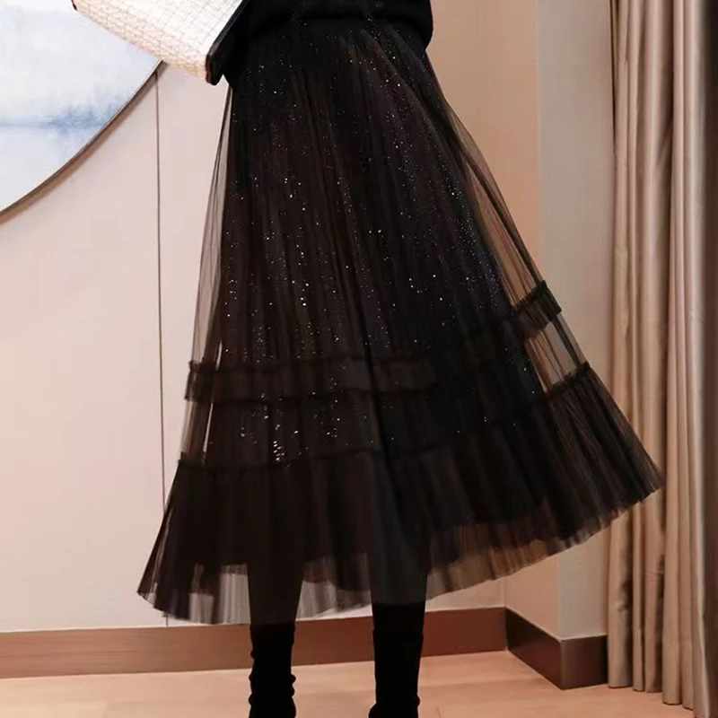 

Осень-зима, сетчатая тюлевая юбка с блестками, женская черная эластичная длинная плиссированная юбка с высокой талией для работы и вечеринок