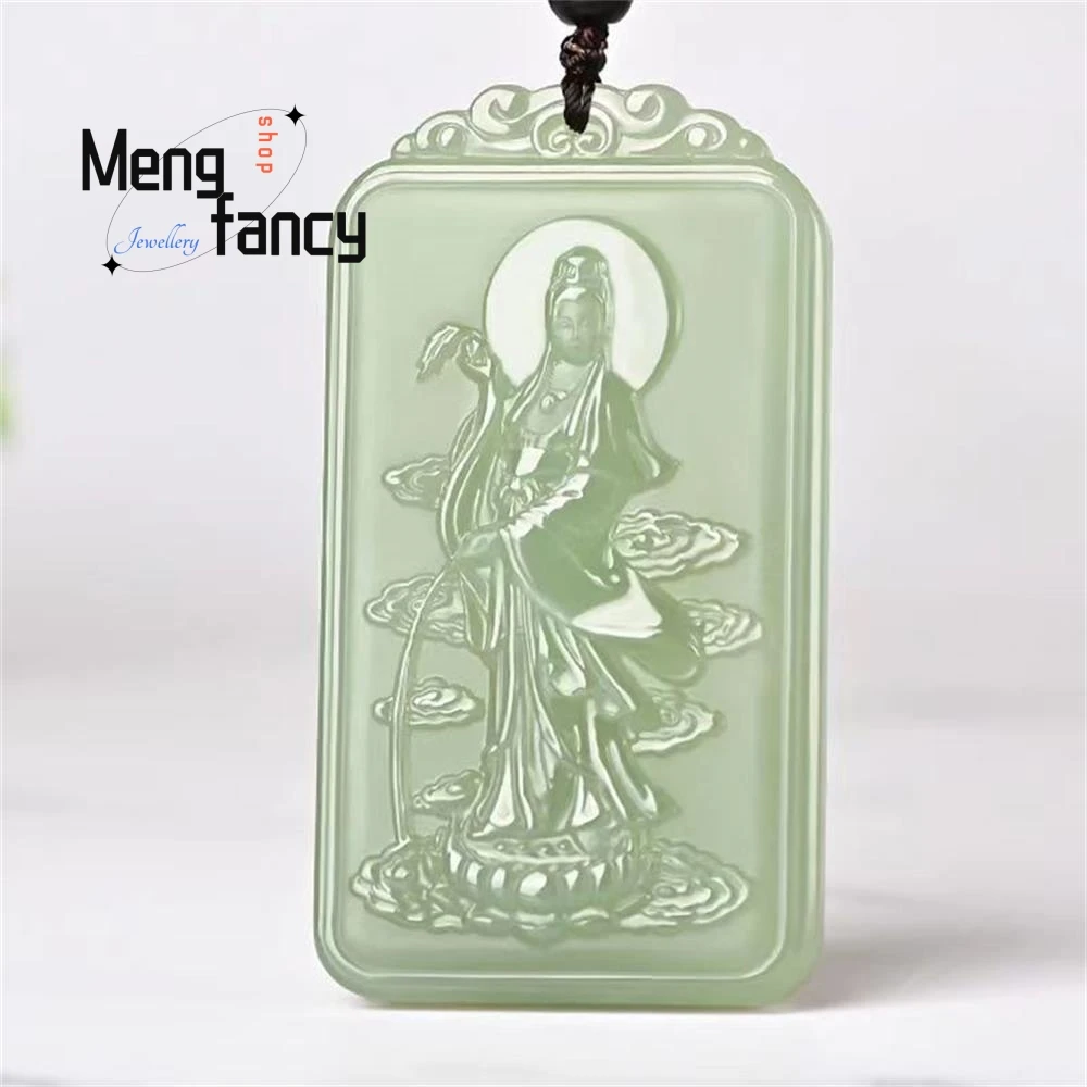 Natural Hetian Green White Jade Guanyin Pendant Buddhist Amulets Exquisite Elegant Simple High-grade Couple Fashion Fine Jewelry