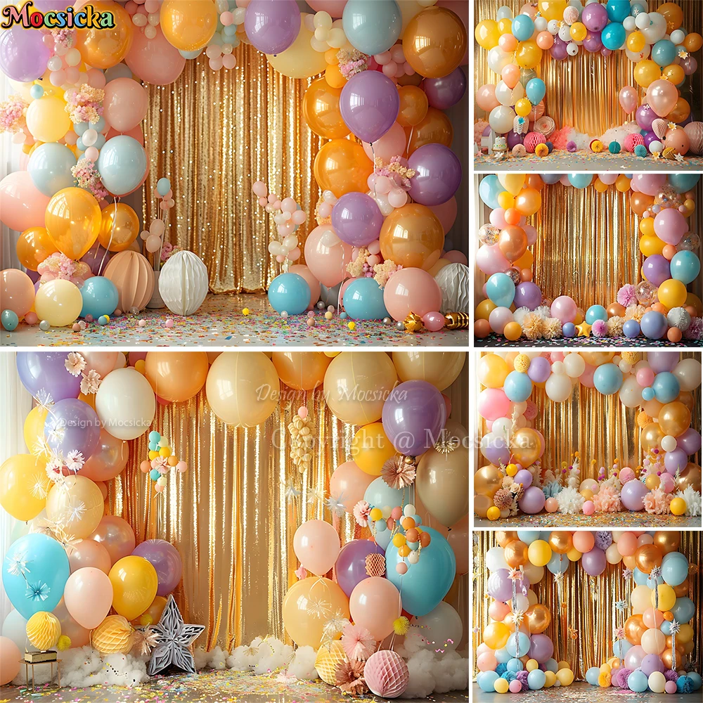 

Kids Cake Smash Background Photography Arch Balloon Wall Gold Curtain Backdrop Girl Baby 1st Birthday Party Photozone Studio