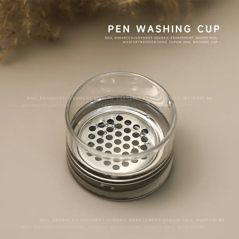 Crystal Nail Brush Cleaning Glass Cup With Lid Stainless Steel Filter Glitter Nail Art Washing Tools Wholesale Manicure