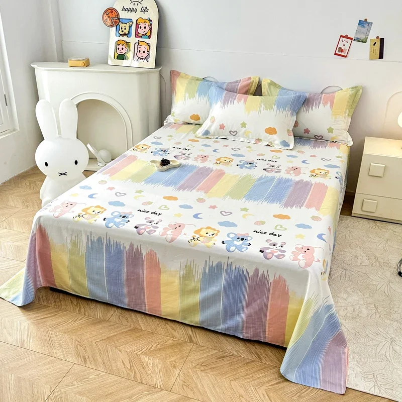 Cartoon Flat Sheet with 2 Pillowcases Rainbow Lines Bed Sheet Set 100% Cotton Kawaii Love Heart Star Print Bed Cover Twin/King