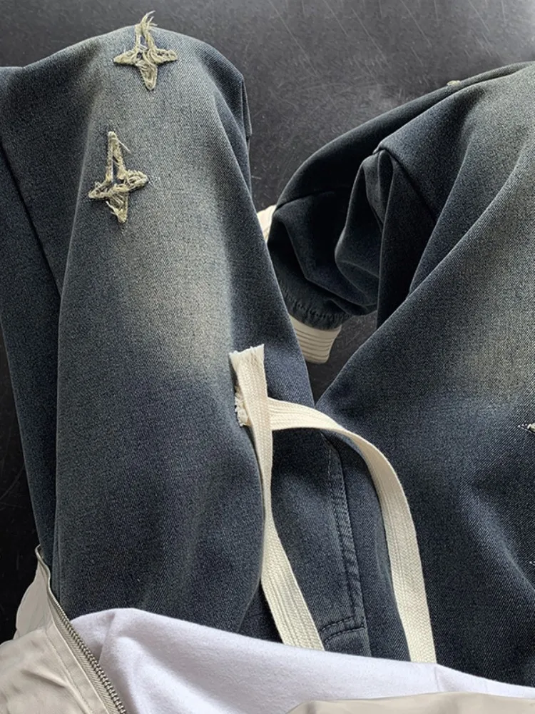 

Мужские джинсы с вышивкой в виде звезд, прямого кроя, повседневные, с высокой талией, в американском стиле, весна-осень, новые модные широкие брюки