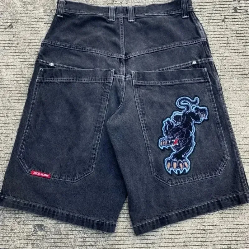 90s retro rock and roll loose embroidered denim shorts men's summer Harajuku gothic sports fitness shorts street JNCO clothing