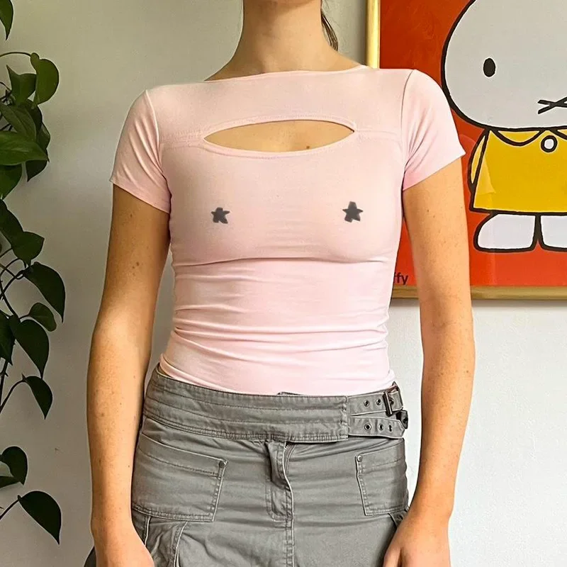 

Свежая милая тонкая рубашка с круглым вырезом и принтом звезды, с коротким рукавом, летний новый стиль