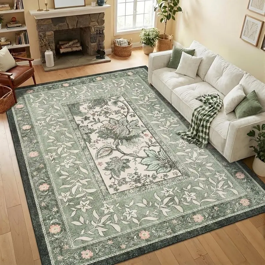 

Provence 5x7 Area Rugs, Botanical Grove Sage Green Vintage Cottagecore NonSlip Washable Rug for Living Room Bedroom Nursery Kitc