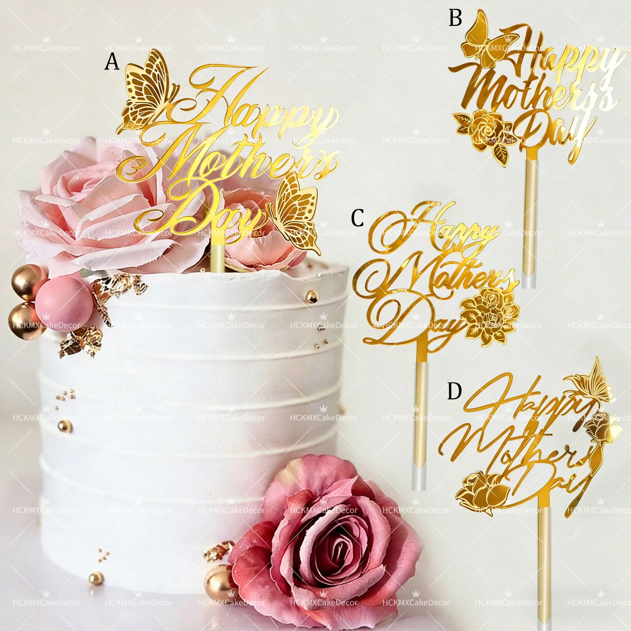 3pcs Happy Mothers Day Gold Acrylic Cake Topper Butterfly Rose Cake Decor for Mothers Day Birthday Party Cake Decoration