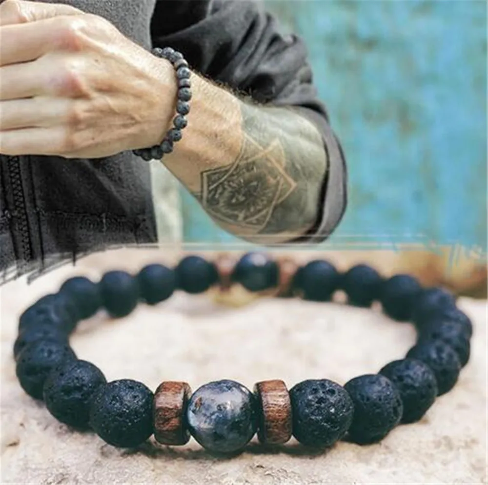 Volcanic Rock Stone Bracelet For Men Wooden 8MM Aromatherapy Lava Beads Bangle Tibetan Buddha Wrist Chain Women Jewelry