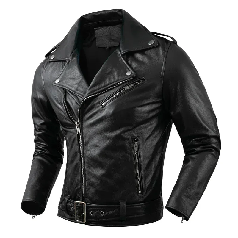 Genuine Cowhide Leather Motorcycle Coat Cow Skin Jacket Men Lapel Jackets s Clothing Real