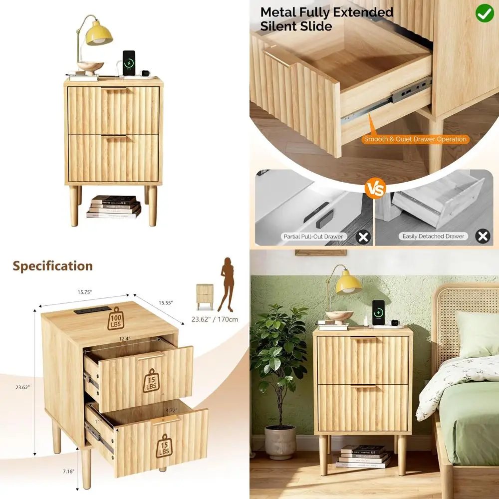 

Charging Station Nightstand, Wooden Bedroom End Table, Oak, 15.75W x 15.55D x 23.62H