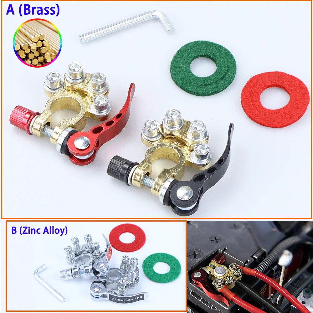 1 paio di connettori a morsetto per terminale batteria per auto - Ottone, disconnessione a sgancio rapido a 4 vie in lega di zinco, per pali SAE/JIS tipo A