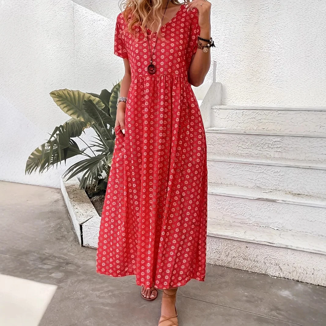 Women's Plus Size Dress Summer Hot Selling Fashion Personality Casual Red Polka Dot V-Neck Short Sleeve Long Dress - view 4