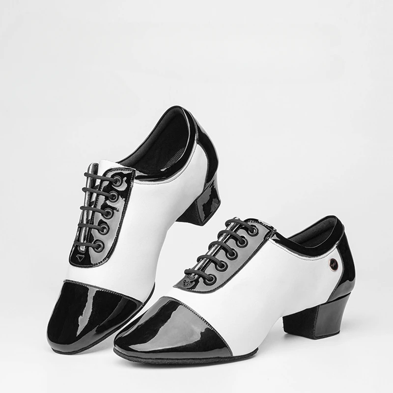 customized professional Latin dance shoes men's cowhide black white splicing style 2-point soft sole dance shoes boys'