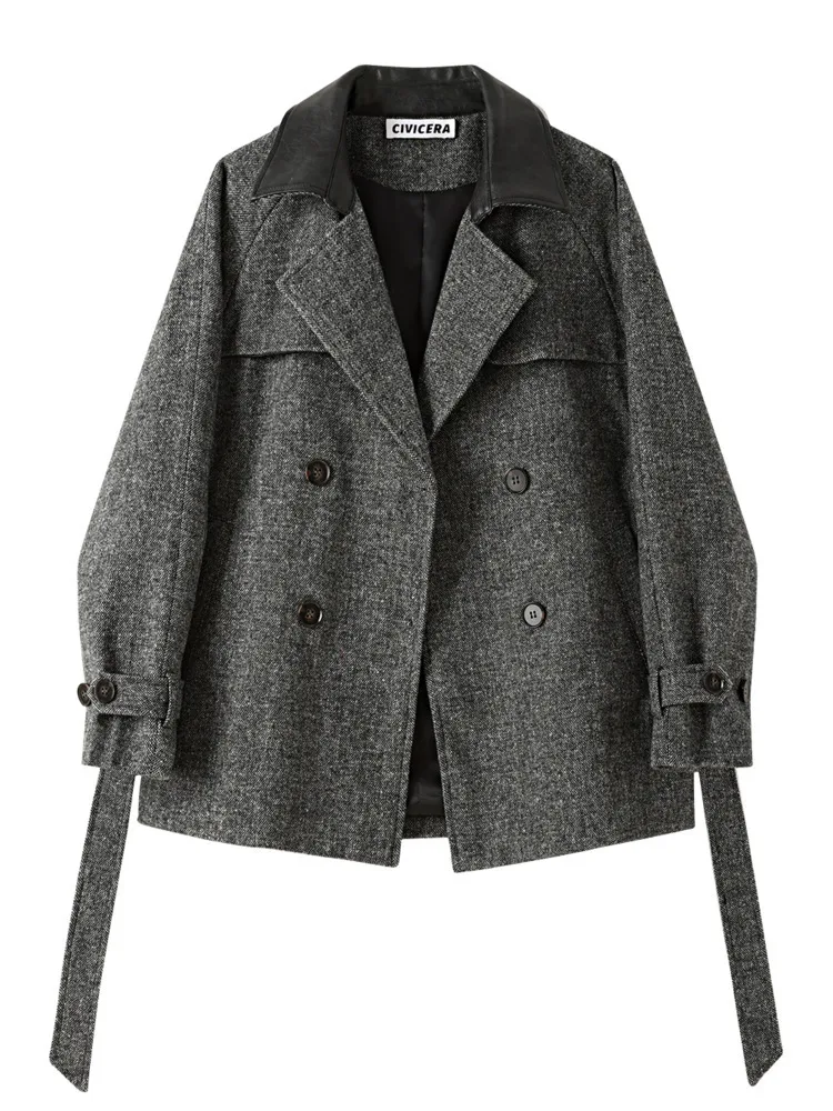 ZMEENNA Kurzer, zweireihiger Erbsenmantel aus braunem Tweed für Damen mit kontrastierendem Wildlederkragen, Gürtelmanschettendetail, Oberbekleidung ZM4259