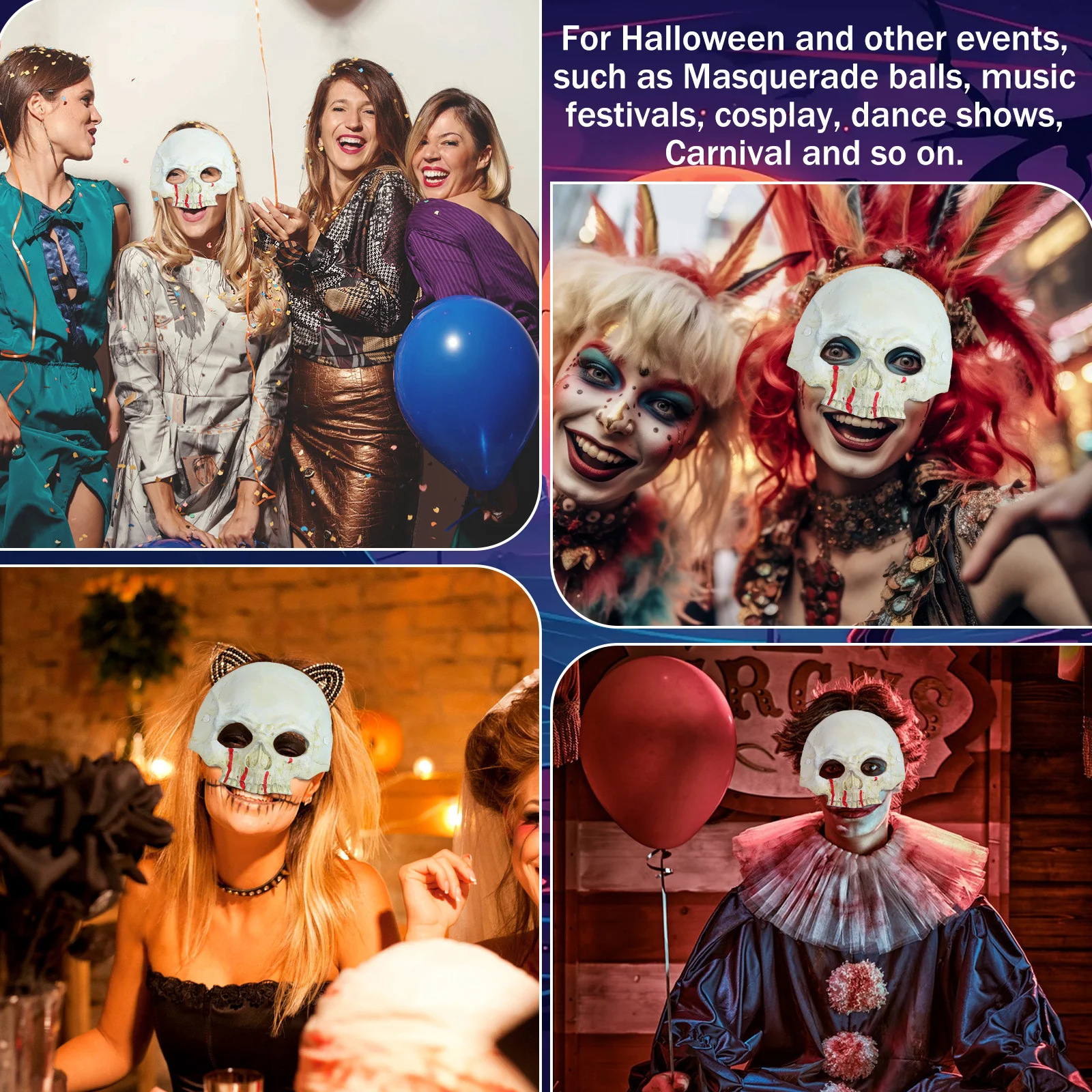 Maschera con motivo a sangue a forma di teschio Mezza faccia Costume di Halloween Maschera spaventosa leggera Decorazione horror Decorazioni di Halloween