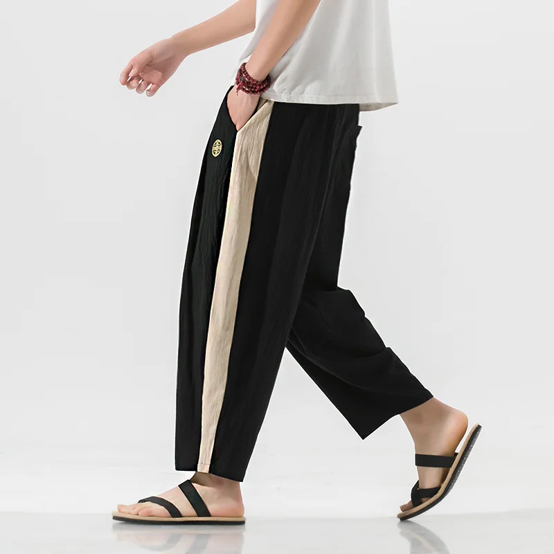 

Spring Summer Chinese Style Linen Loose Side Patchwork Cropped Trousers Men Clothing Embroidery Harem Pants Bloomers Male