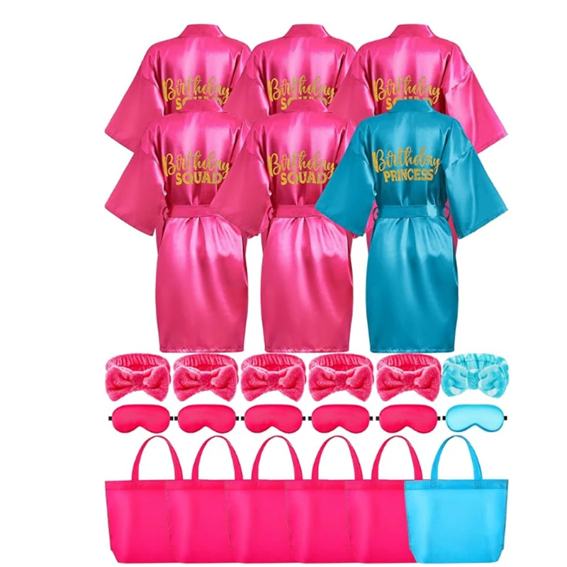 Girls Spa Party Supplies 24 Pcs-6 Robes, 6 Headbands, 6 Eye Masks & 6 Tote Bags for Sleepover Slumber Birthday Party