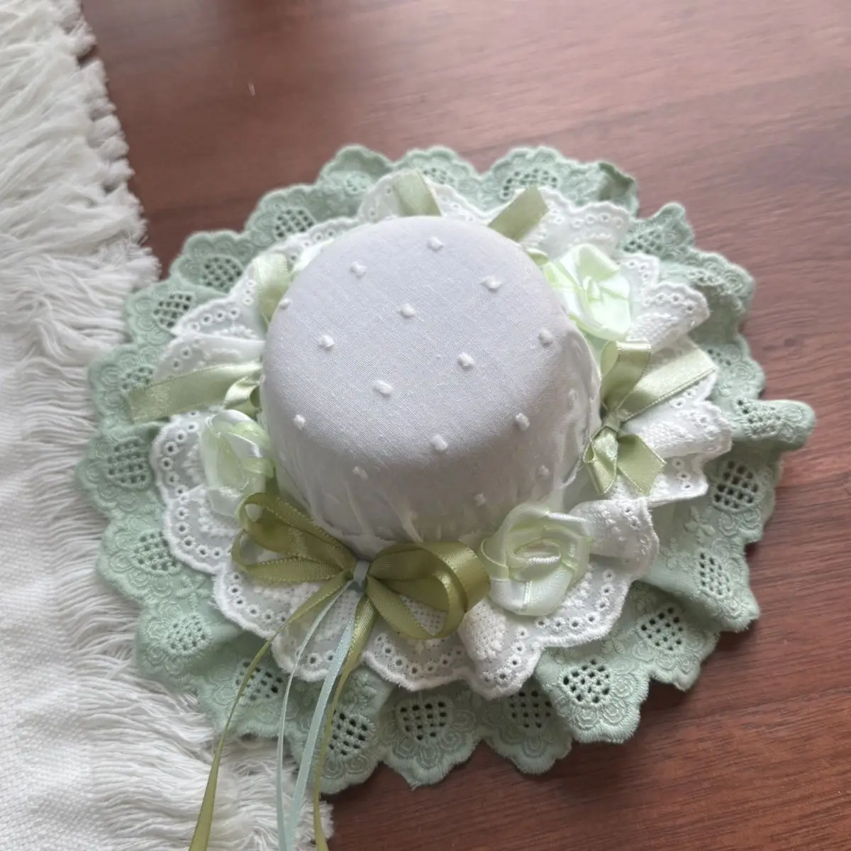 Original Lolita Fascinator Mint‑Green White Lace Mini Hat Sweet Jasmine‑Green Theme With Delicate Bow Decor Women Headwear