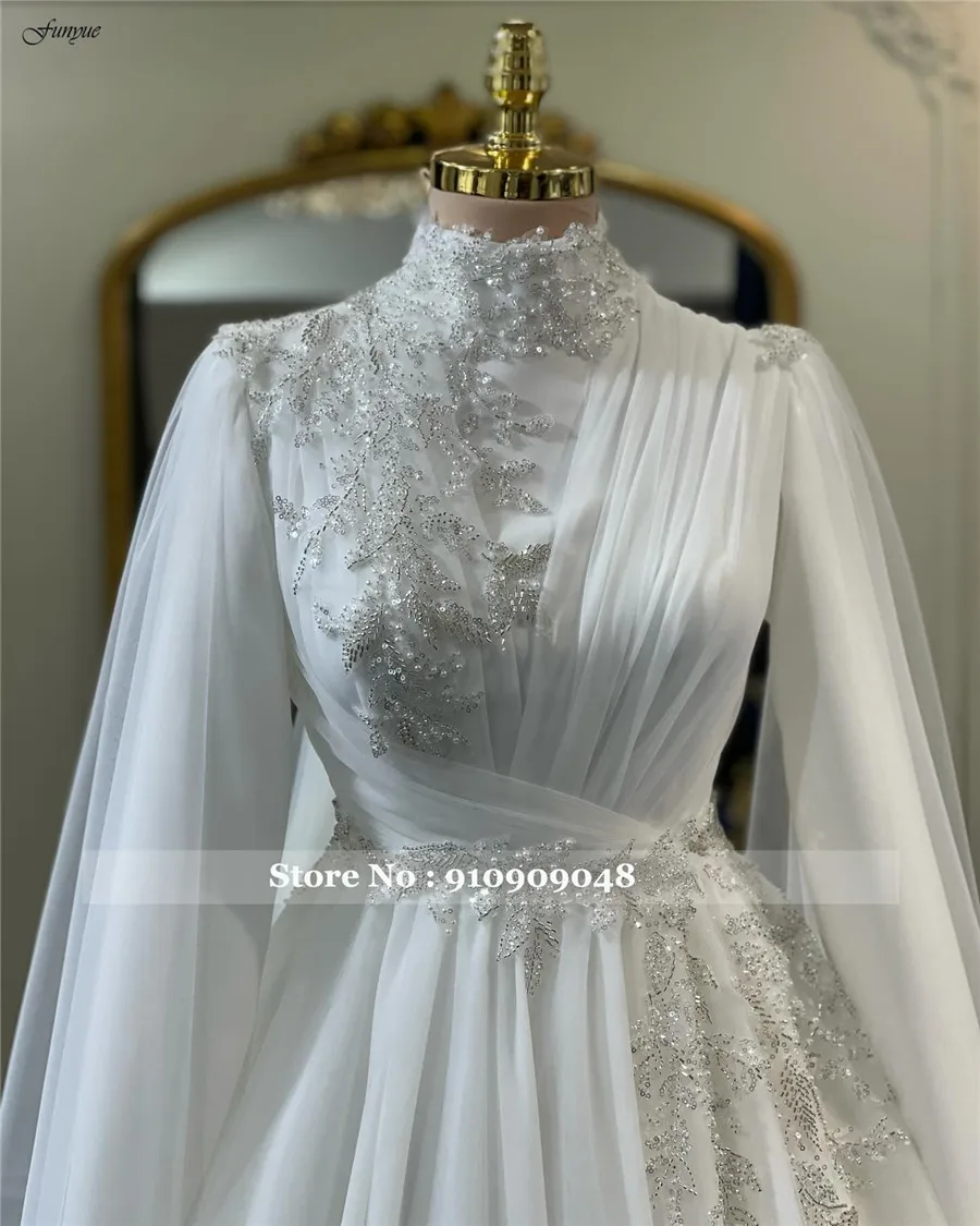 Funyue Vestido De Noiva 2024 Delicate Chiffon with Beading Plus Size Wedding Dresses for Bride Tulle Cape Muslim Bridal Gown