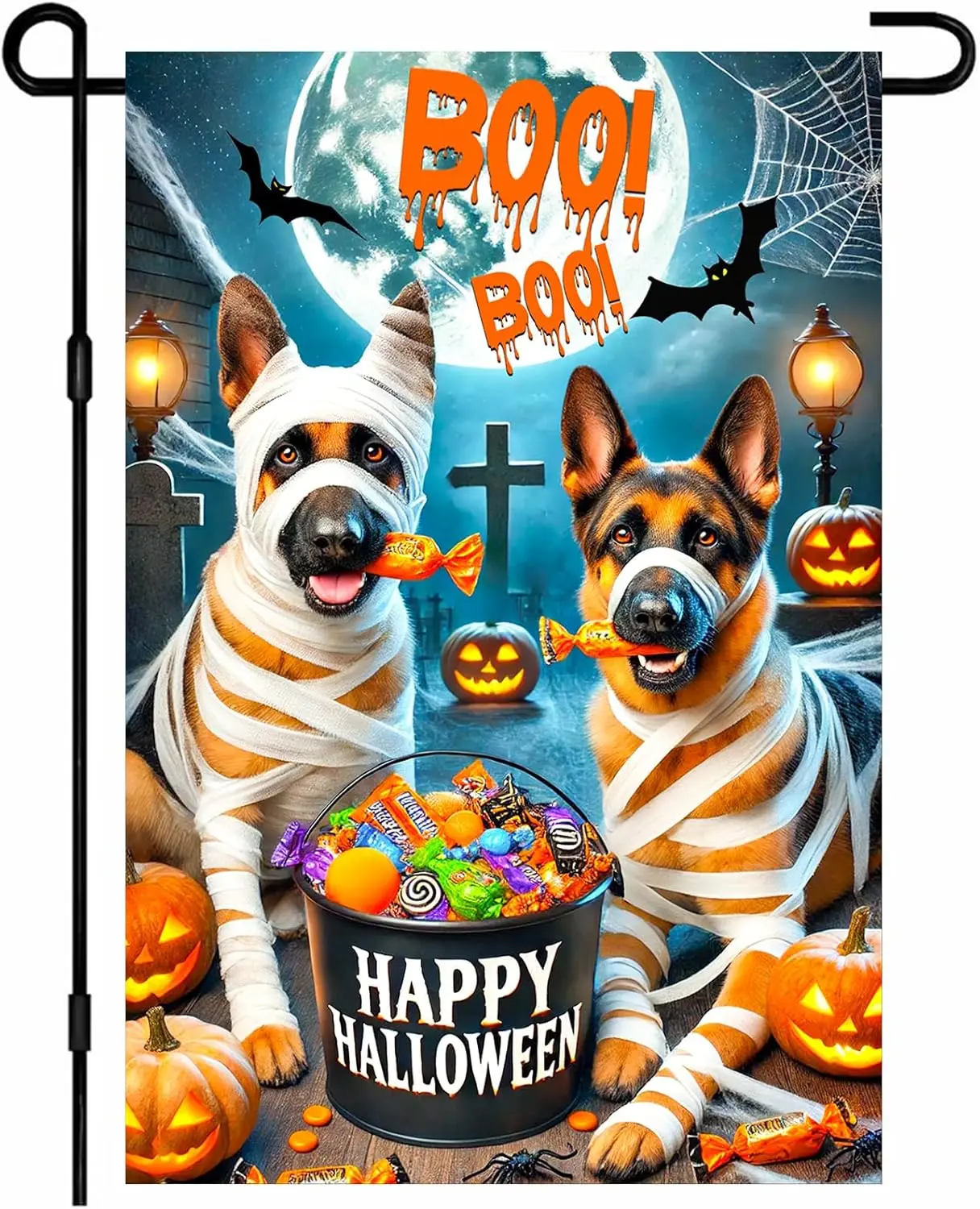 Halloween Dog Mummy Garden Flag 12x18 Inch German Shepherds with Candy in Graveyard Yard Flag Double Sided Trick or Treat Ba YYN