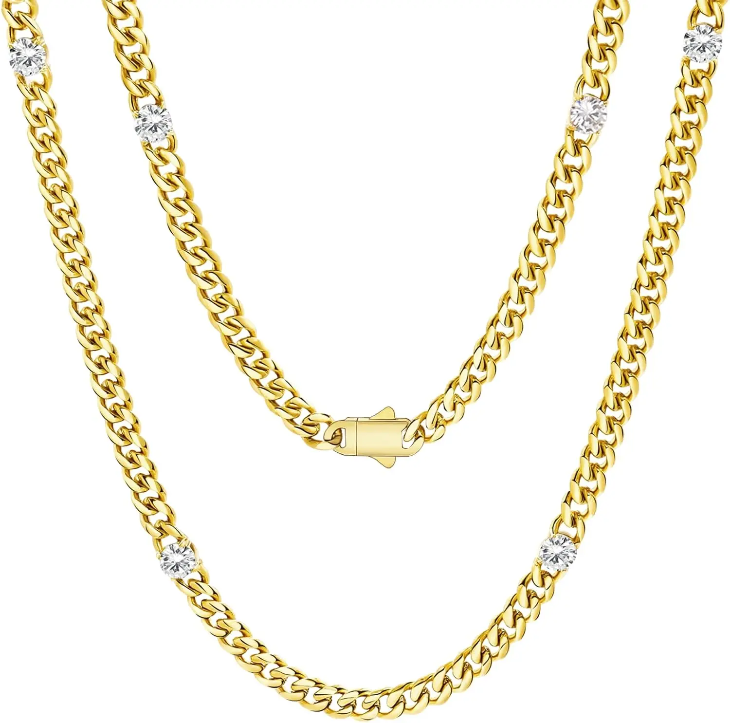 

Iced Out Cubic Zirconia Cuban Link Chain for Men Women, Gold Silver Plated Stainless Steel Curb Chain, Non-Tarnish Jewelry Gift