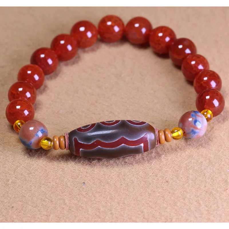 Scale And Blood Agate With Five-Eye Dzi Beads, 10Mm Single-Strand Bracelet, Tibetan-Style Retro Jewelry