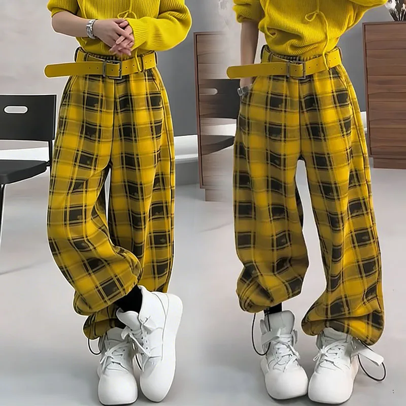 

High Waist Fce Lined Wide Leg Pants Women's Casual Trousers Plaid Patterned Spring 2026 Korean Sle Retro Dstring