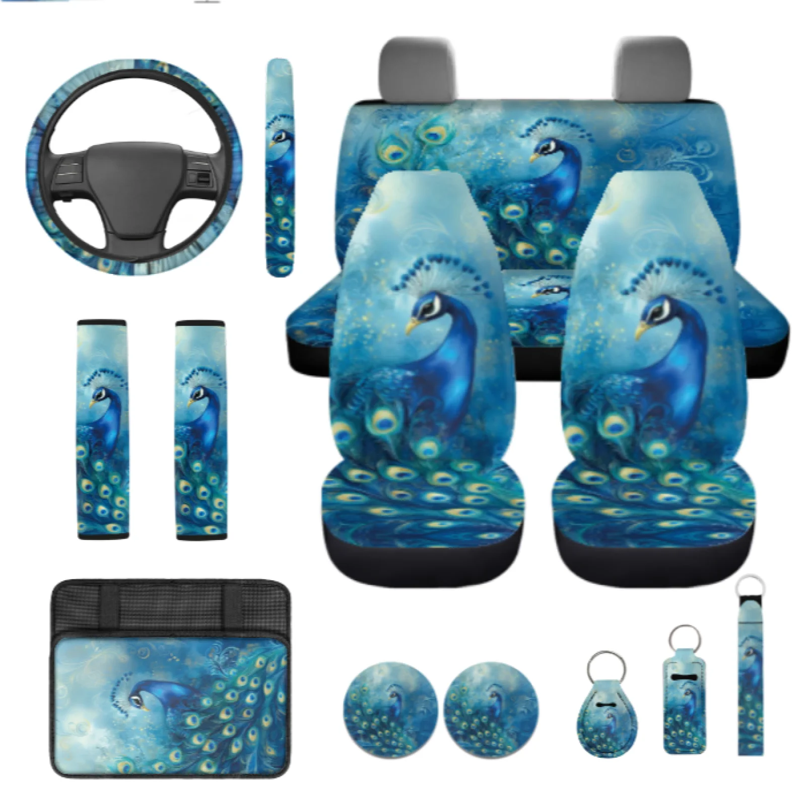 Coloranimal Peacock 13 Pack Auto Accessories with Easy Installation Seat Belt Strap Pad and Key Ring for Auto Interior