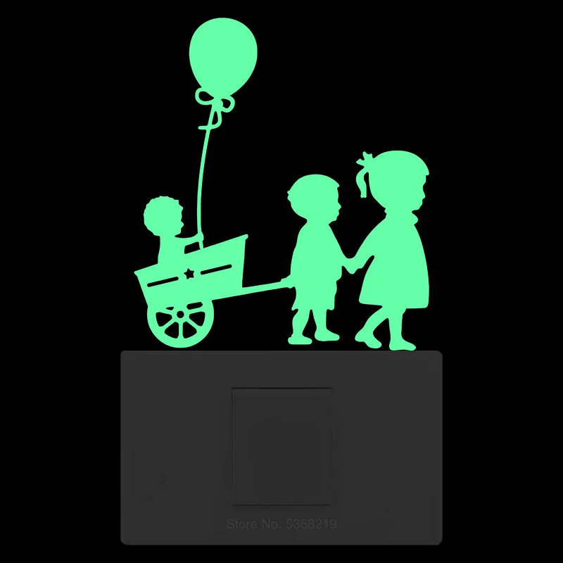 Boy Hold Girl Hand and Trailing A Toy Cart Carrying Balloon Glow Sticker for Kids Room Wall Switch Decoration Laptop Car Sticker